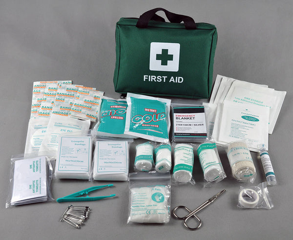 90 Piece Premium First Aid Kit Bag - Includes Eyewash, 2 x Cold (Ice) Packs and Emergency Blanket